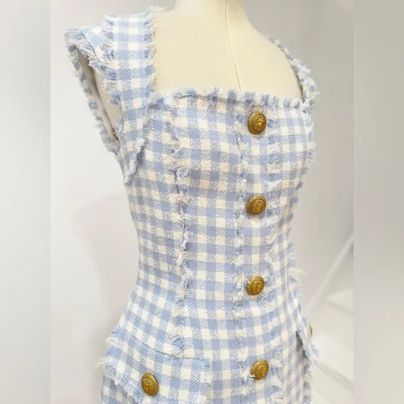 BALMAIN Blue & White Frayed gingham cotton-blend tweed Mini Dress FR36